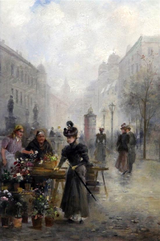 Henri Gaston Darien (French 1864-1926) Victorian flower market, 8 x 5.5in.